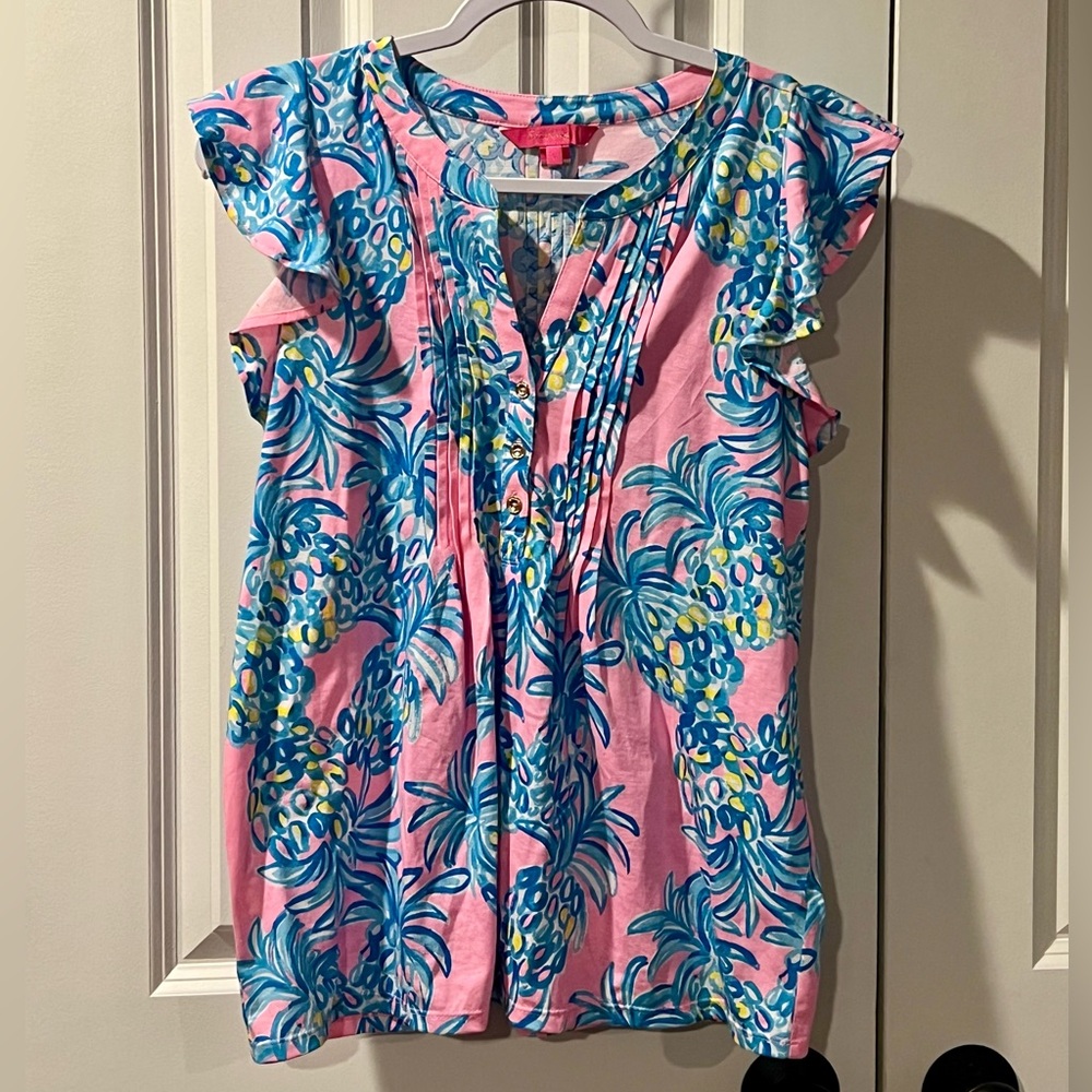 Lilly Pulitzer Pink Pineapple-Print Ruffle Sleeve Tunic